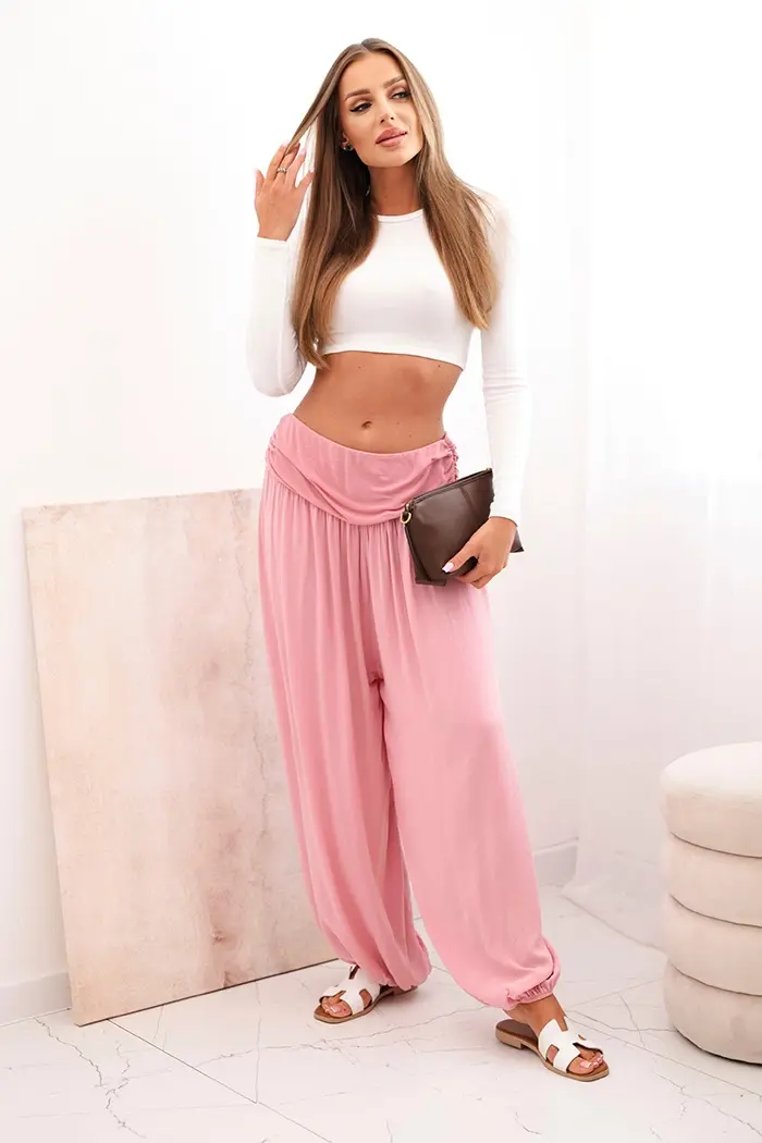 Kesi Włoski Dámské viskózové kalhoty s širokými nohavicemi a volánky tmavě růžová