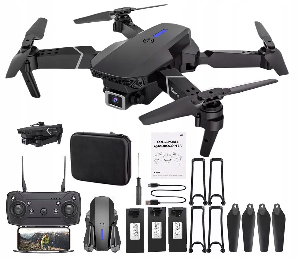Mini Dron E88 Pro Hračka Pro Děti Wifi Kamery Vznášení 250M 3x Baterie