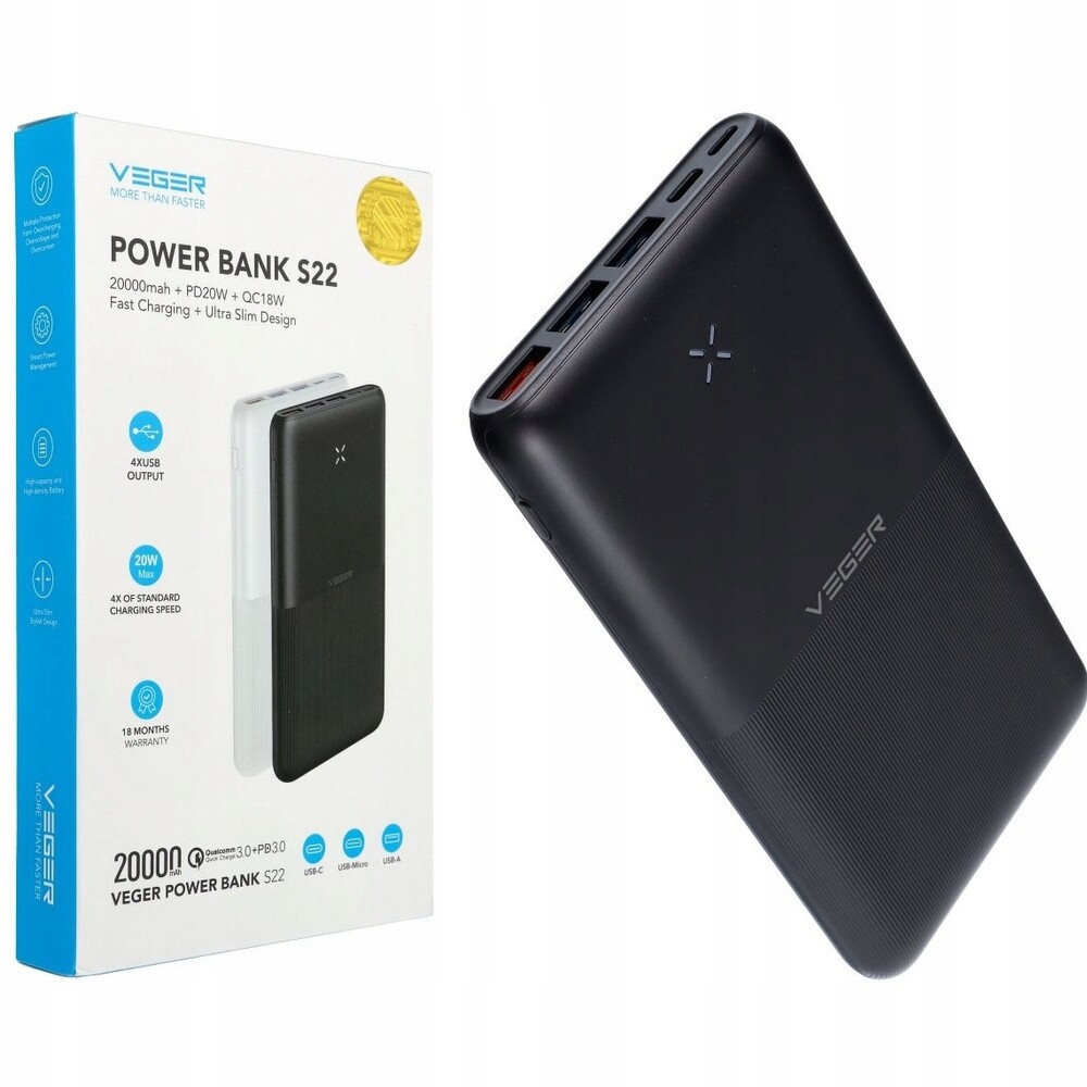 Prostorná výkonná powerbanka Rychlé nabíjení 20W 20000mAh Usb-c Usb-a Pd QC3.0
