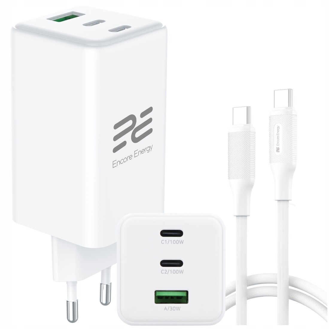 Rychlá nabíječka GaN 3x Usb Qc Pd Usb-c Usb-a 100W kabel Encore Energy 2 m