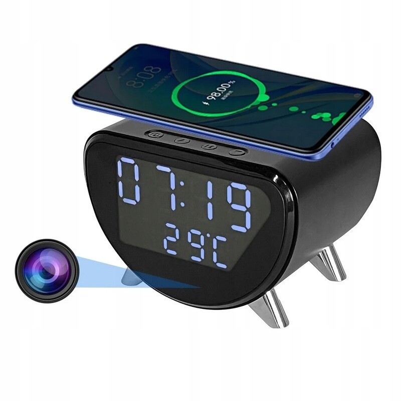Skrytá Mini Kamera Budík Indukční Nabíječka Diskrétní Hodiny 1080P Wifi