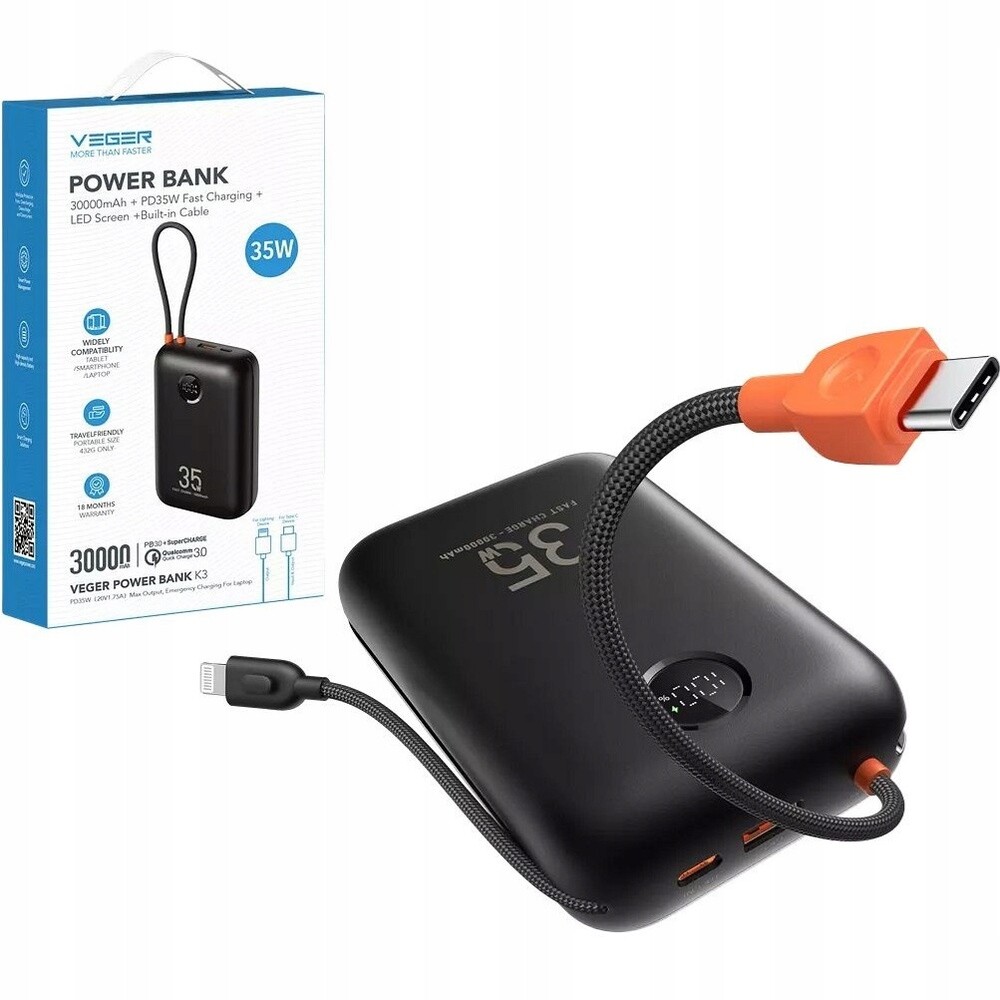 Prostorná powerbanka 30000 mAh s vestavěnými kabely typu C Lightning Pd Qc 35W