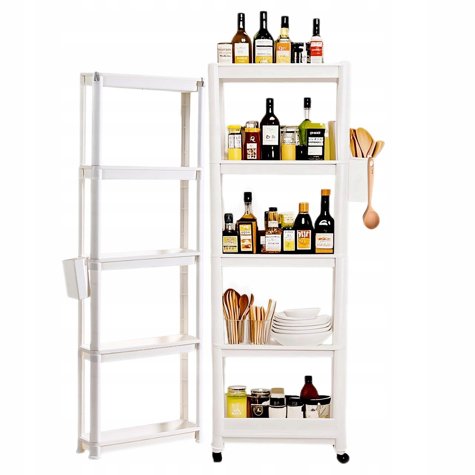 5vrstvá úzká police z Pp plastu s háčky na kolečkách a závěsnými košíky