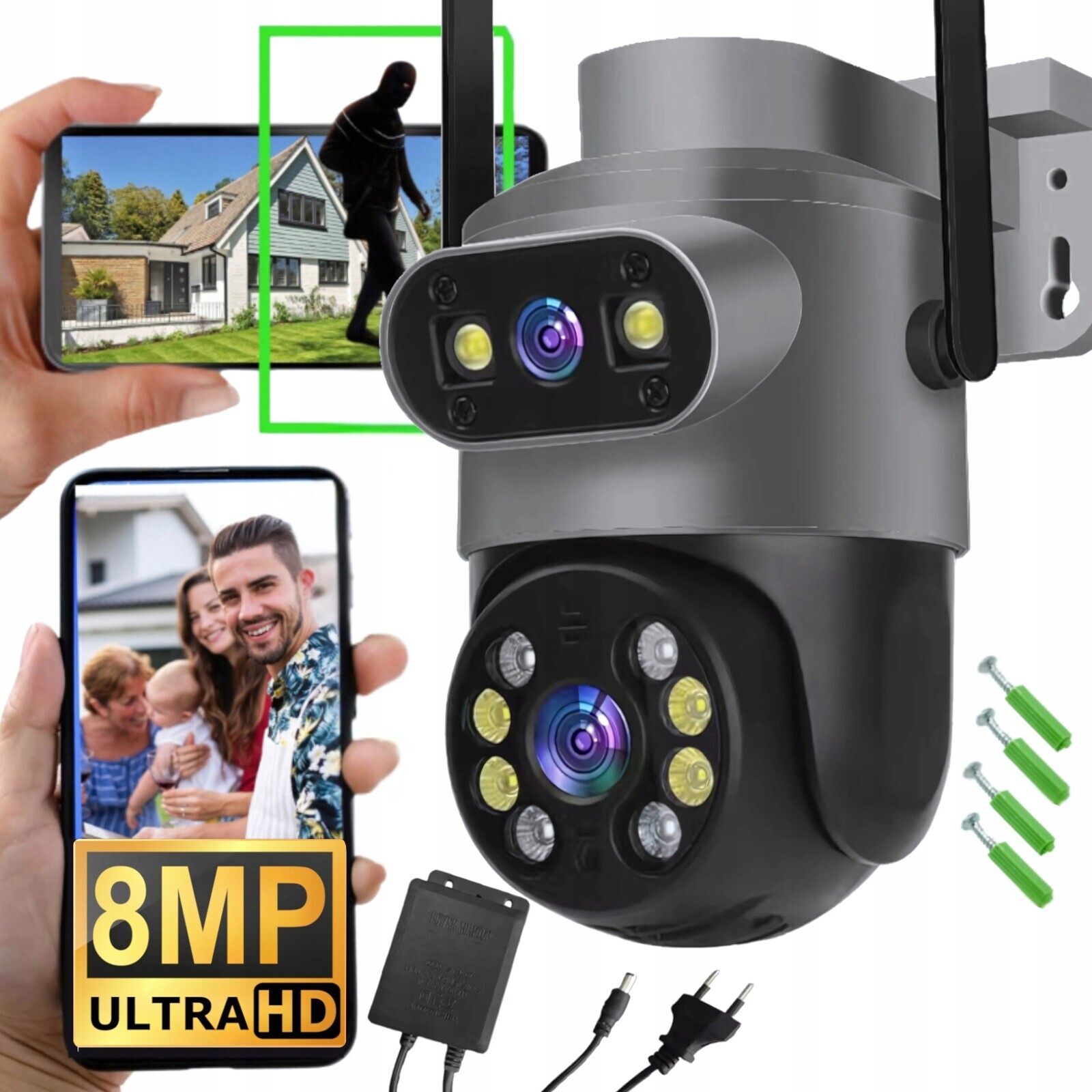 Bezdrátová Otočná Wifi Kamera 8MPx Ultra Hd Dvojitá Dva Uhd Objektivy