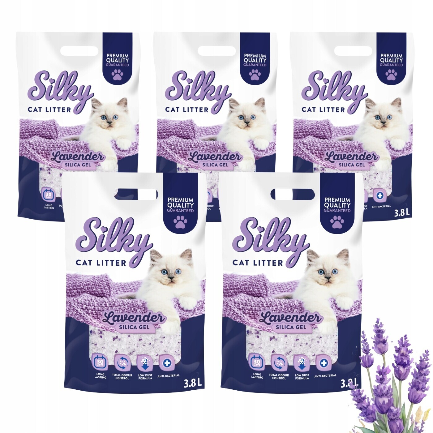 Silikonové stelivo pro kočky bezprašné Silky Lavender 3,8l sada 8 ks