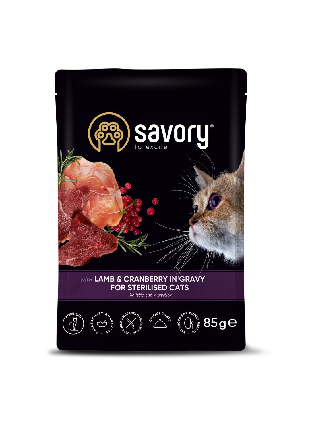 Savory mokré krmivo pro kočky sterilised jehněčí brusinky kuře 24x85 g