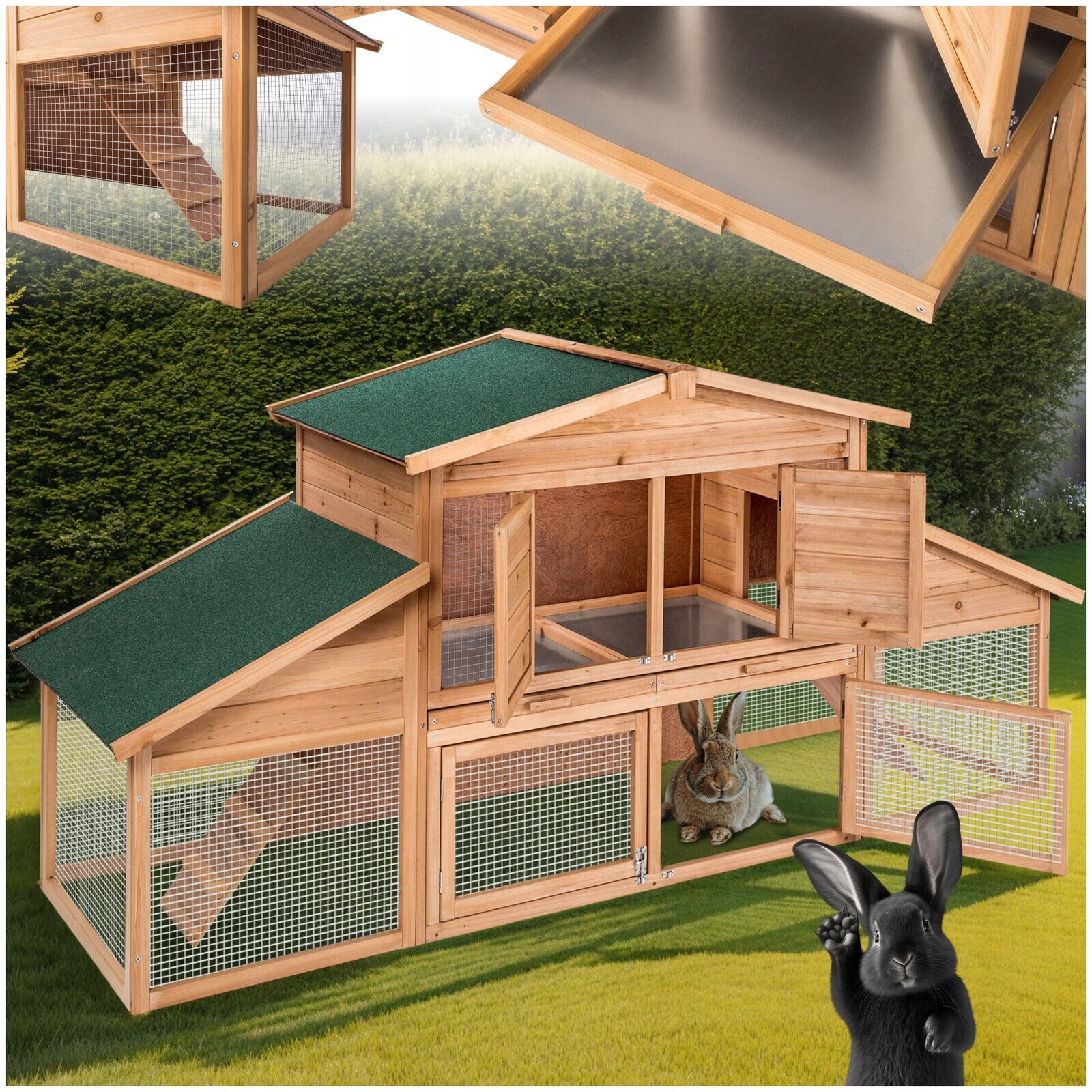 XXL Králíkárna dřevěná klec dvoupatrová s odpočívadlem 226x77x95,5cm