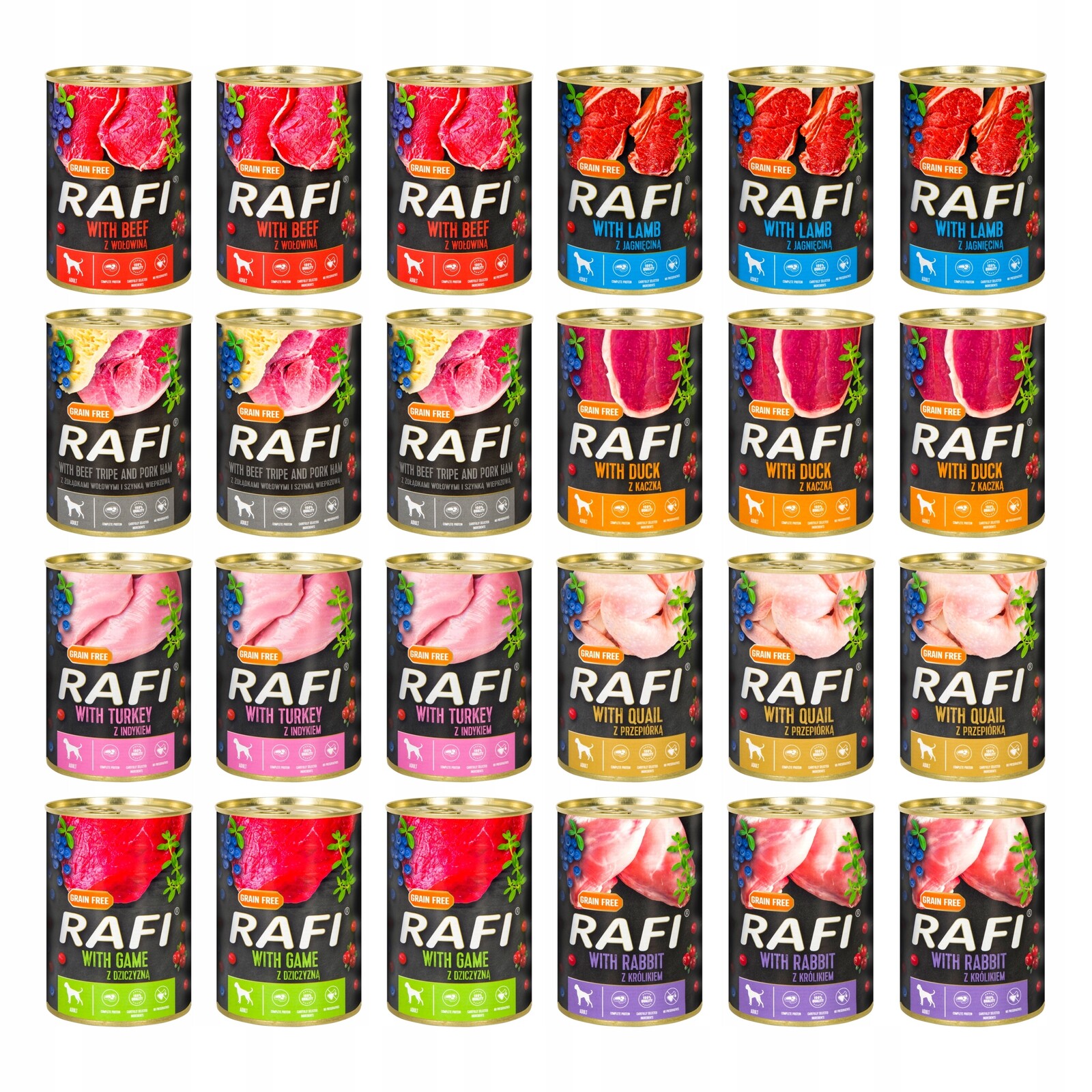 Krmivo mokré pro psy Rafi konzervy MIX 4 Příchutí 24x400g