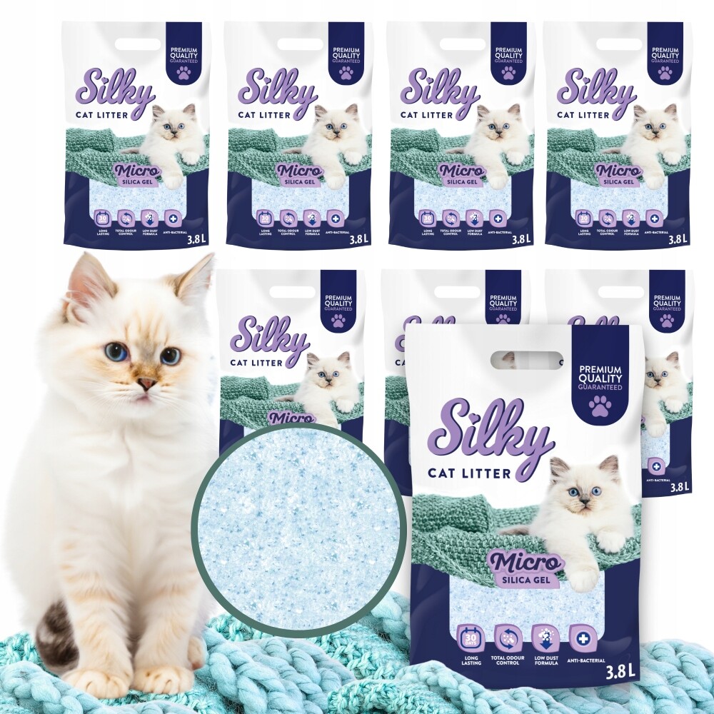 Micro jemný Silikonové stelivo pro kočky Silky 30,4L Set 8x3,8l