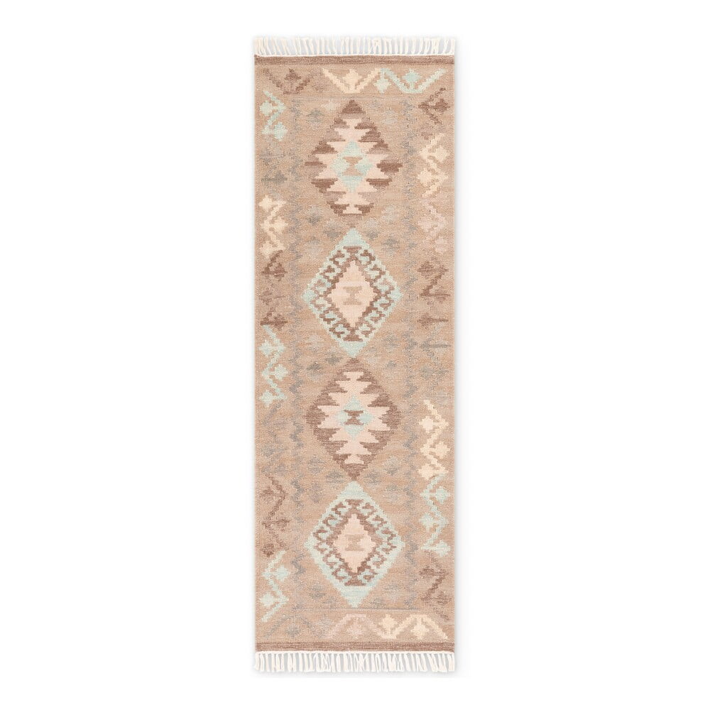 Světle modrý/béžový oboustranný ručně tkaný vlněný běhoun 60x190 cm Kamal Dune – Nouristan