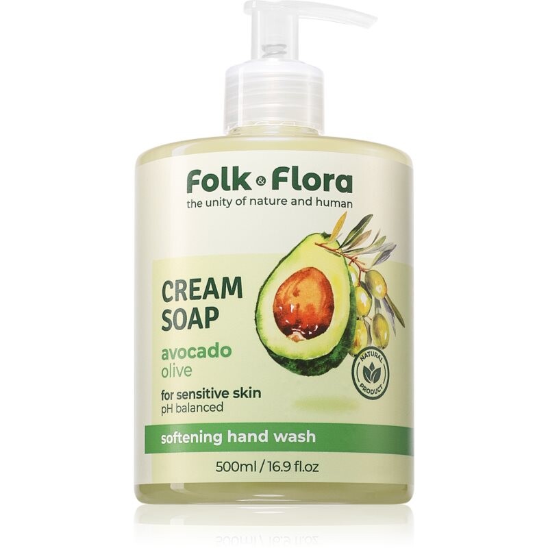 Folk & Flora Avocado & Olive tekuté mýdlo pro citlivou pokožku 500 ml