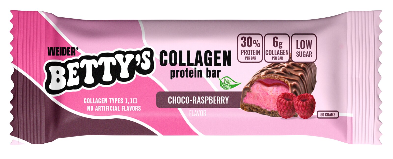 Weider Betty's Collagen Protein Bar 50 g, proteinová tyčinka s hydrolysovaným kolagenem, Choco - Raspberry