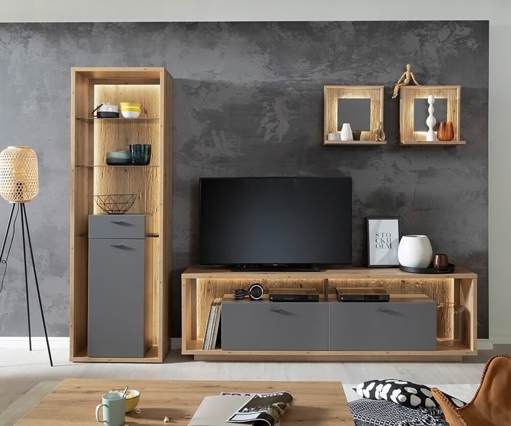 Nástěnná police Lome 45x20 cm dub sada 2 úložných přihrádek LED