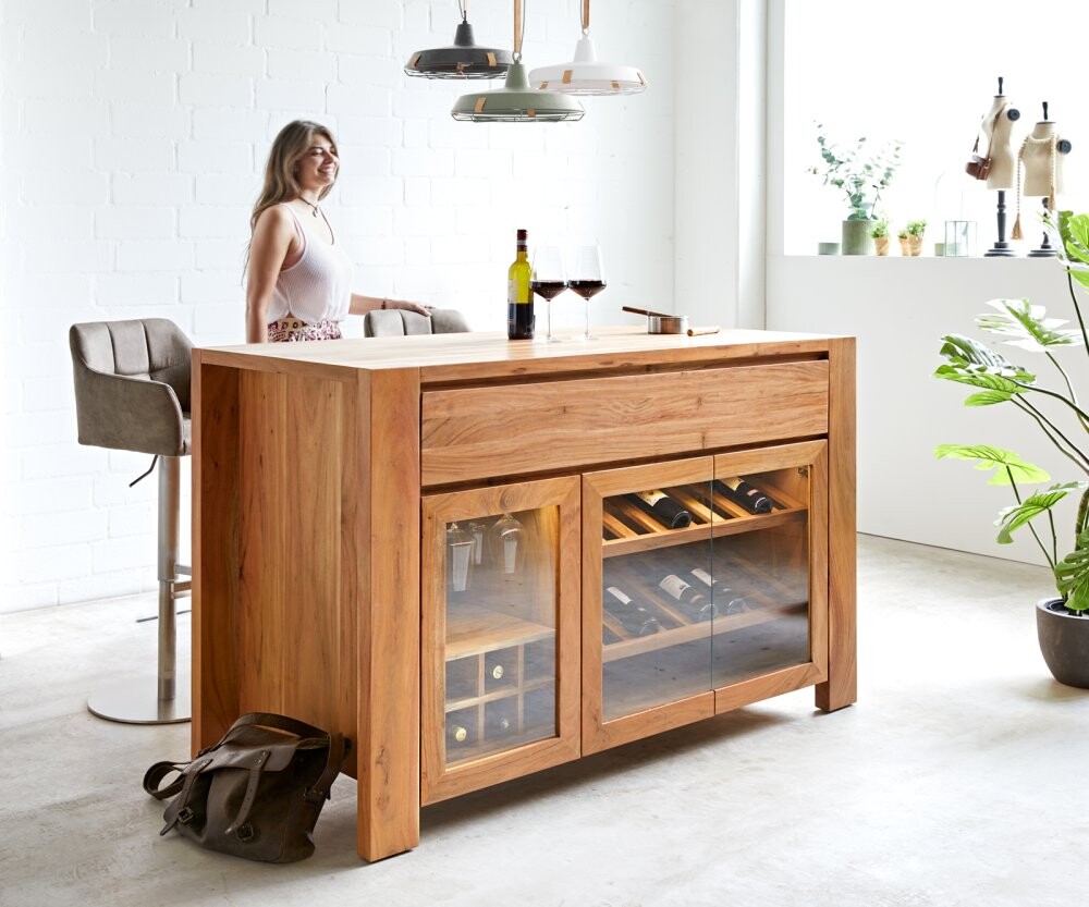 Komoda Hedora 160x75 cm přírodní akácie skříňka na nápoje s osvětlením