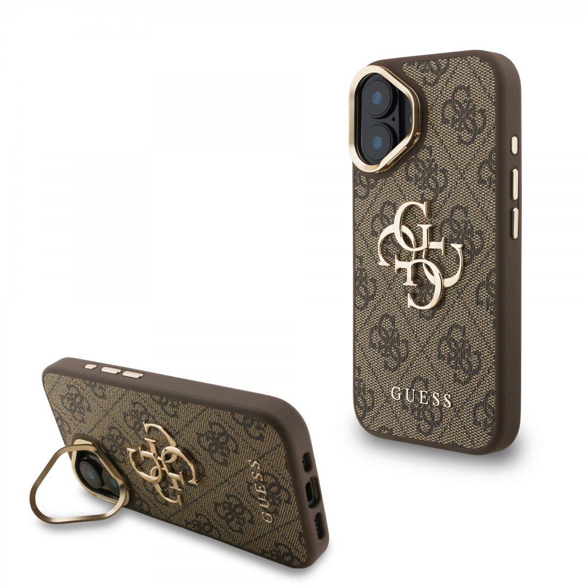 Zadní kryt Guess PU 4G Metal Logo Stand Camera Frame pro iPhone 16 Brown