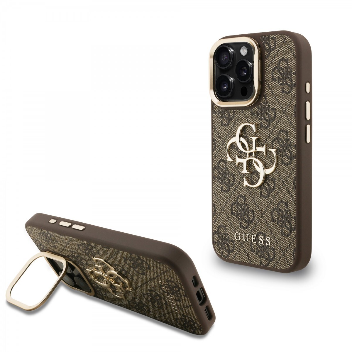 Zadní kryt Guess PU 4G Metal Logo Stand Camera Frame pro iPhone 16 Pro Brown