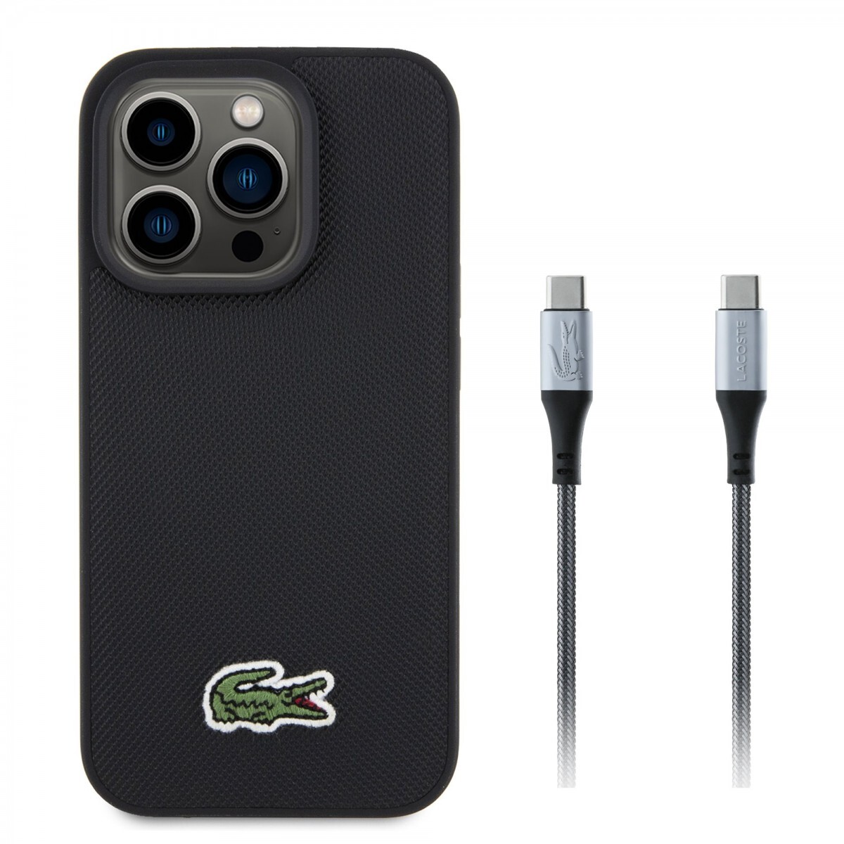 Zadní kryt Lacoste Iconic Petit Pique Woven Logo MagSafe pro iPhone 15 Pro Black + datový kabel USB-C/USB-C