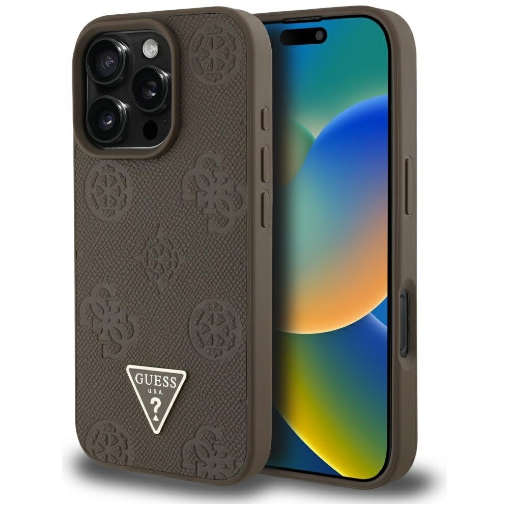 Zadní kryt GUESS Grained Hot Stamp Peony Triangle Logo MagSafe pro iPhone 16 Pro Max brown