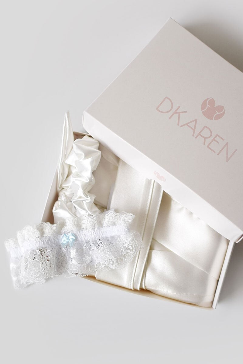 Svatební smetanový set župan + podvazek + gumička Gina Wedding