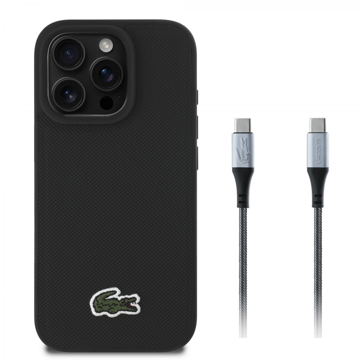 Zadní kryt Lacoste Iconic Petit Pique Woven Logo MagSafe pro iPhone 16 Pro Black + datový kabel USB-C/USB-C