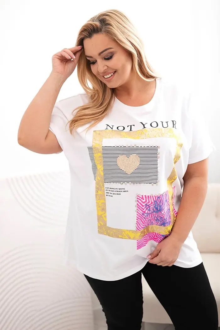 Kesi Włoski Dámská bavlněná halenka Plus Size se zlatým nápisem bílá + žlutá