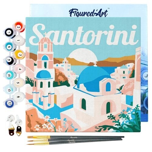 Mini malování podle čísel - Travel Poster VÝCHOD SLUNCE SANTORINI 20 x 20 cm na rámu