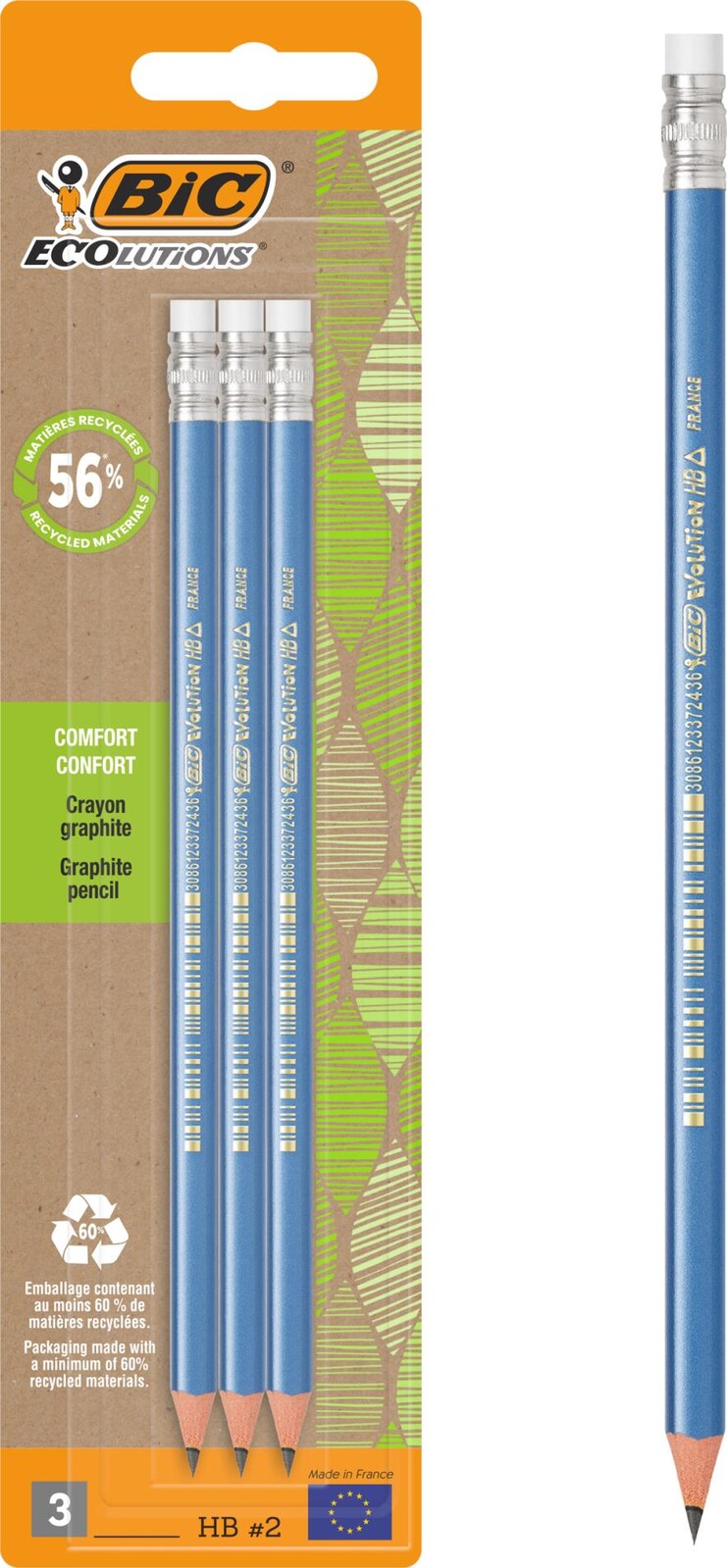 Grafitová tužka BIC Evolution - s pryží, HB, 3 ks v blistru