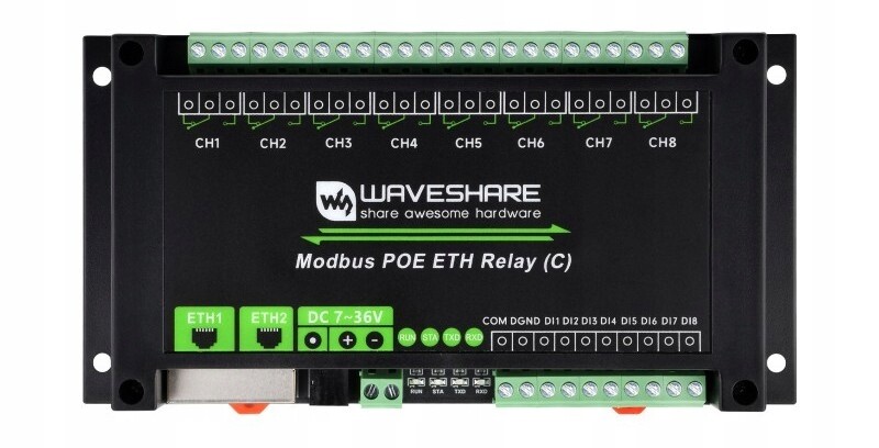 Relé 8 kanálů Ethernet Modbus Rtu Tcp napájení DC PoE Sku: 30544