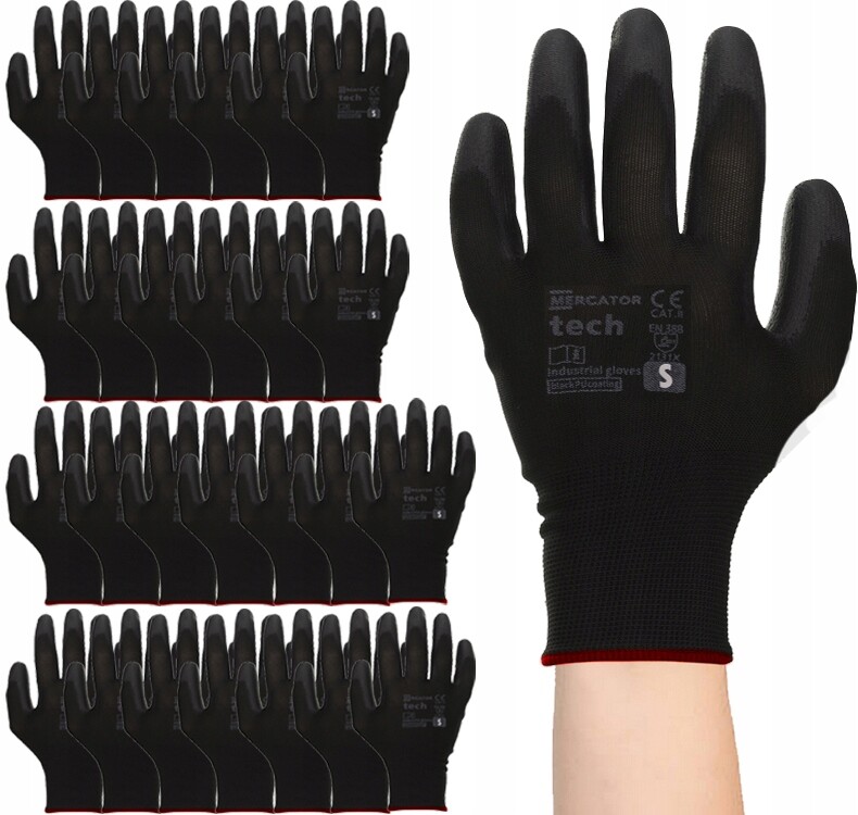 Pracovní Rukavice Mercator Přiléhavé Tech Black+Black Poliur vel. S 120 párů