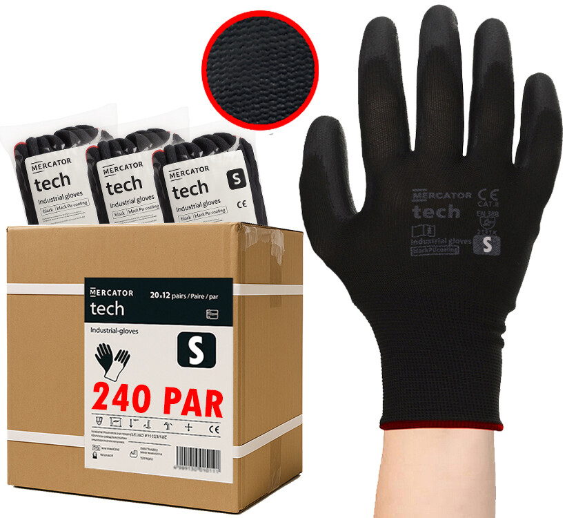 Pracovní Rukavice Black+black Tech Pu Poliur Se Stahovací Šňůrkou S 240 Párů