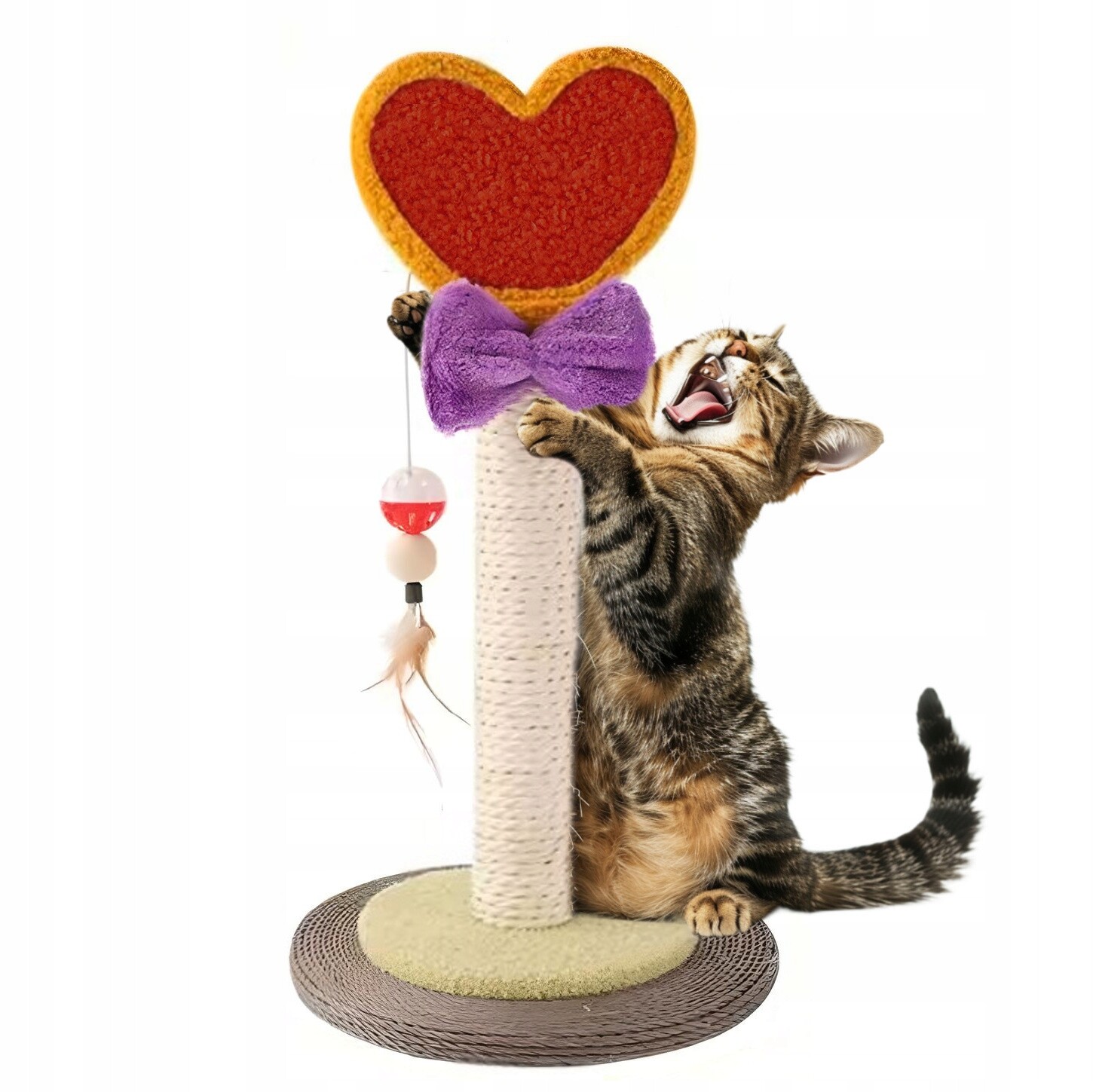 Srdce Roztomilý sisalový škrabadlo pro kočky s míčkem a peřím 52 cm