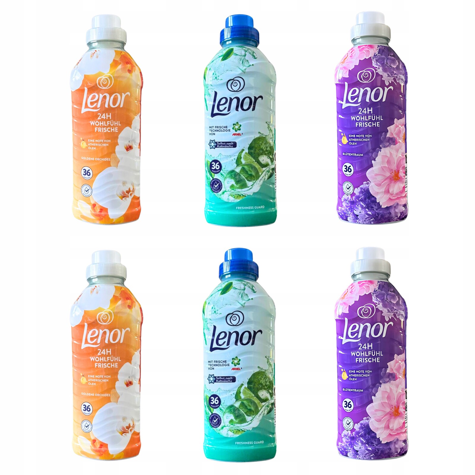 Sada 6x Lenor Tekutá Aviváž Německá 756 ml 3 vůně 216 praní 4.5 l