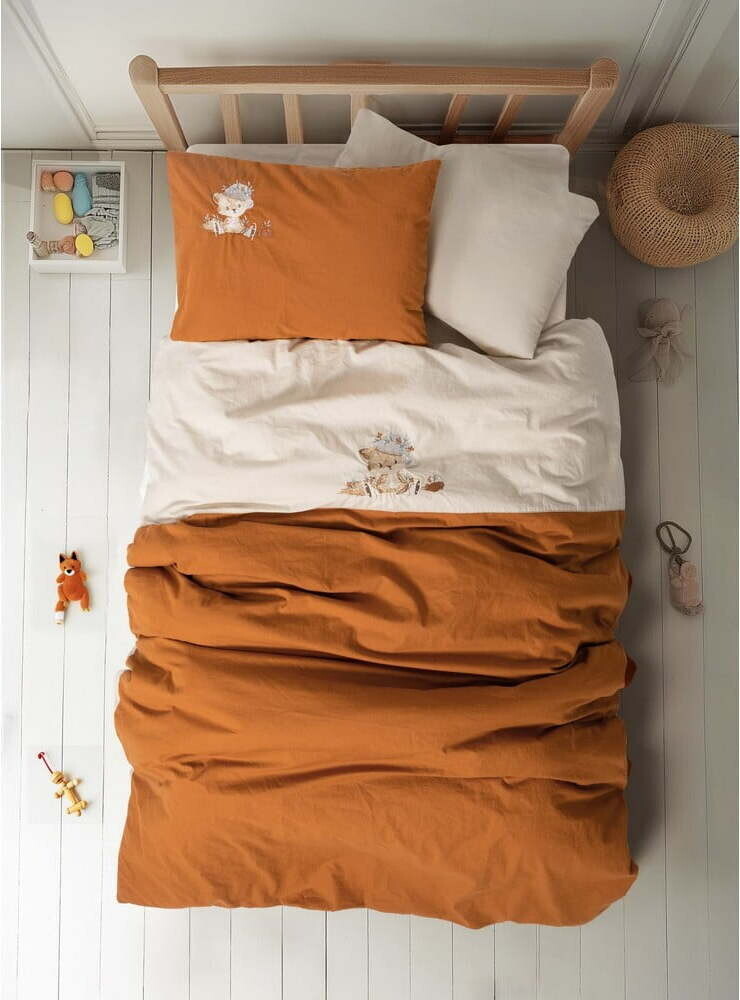 Oranžové/béžové bavlněné dětské povlečení do postýlky s prostěradlem/4dílné 100x150 cm Clever – Mijolnir