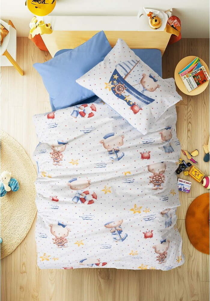 Bílé/modré dětské povlečení do postýlky z bavlny Renforcé s prostěradlem/4dílné 100x150 cm Seaman – Mijolnir