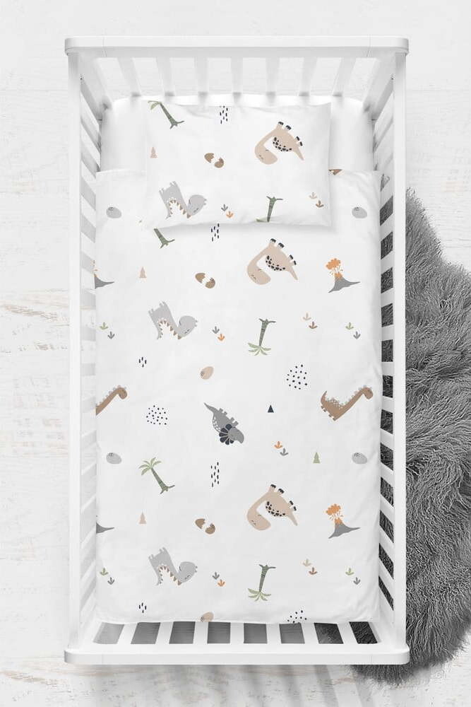 Bílé dětské povlečení do postýlky z bavlny Renforcé 100x150 cm Dinozor – Mijolnir
