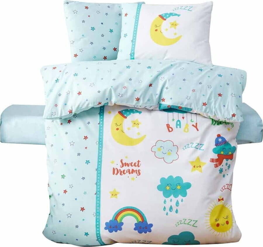 Bílé/v mentolové barvě dětské povlečení do postýlky z bavlny Renforcé s prostěradlem/4dílné 100x150 cm – Mijolnir