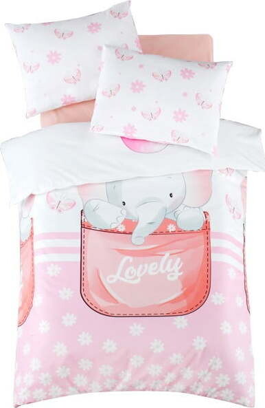 Bílé/růžové dětské povlečení do postýlky z bavlny Renforcé s prostěradlem/4dílné 100x150 cm Lovely – Mijolnir