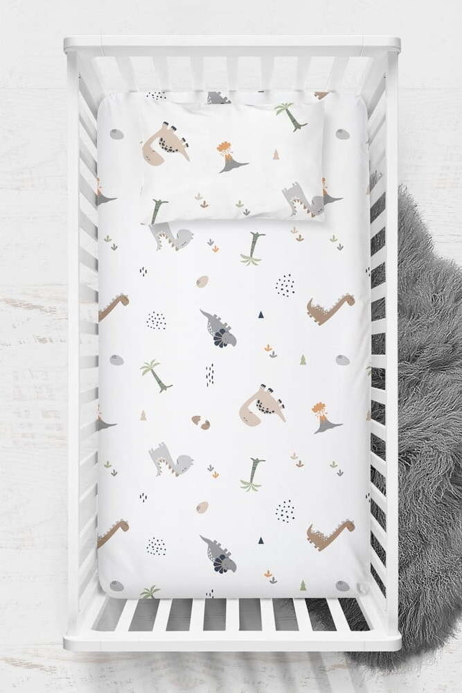Bílé dětské prostěradlo do postýlky z bavlny Renforcé 100x150 cm Dinozor – Mijolnir