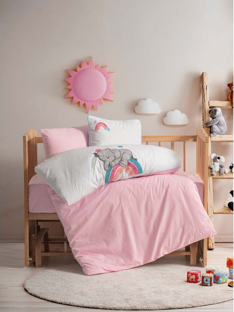 Bílé/růžové bavlněné dětské povlečení do postýlky s prostěradlem/4dílné 100x150 cm Lucky – Mijolnir