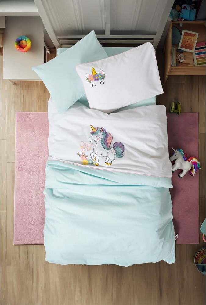 Bílé/v mentolové barvě bavlněné dětské povlečení do postýlky s prostěradlem/4dílné 100x150 cm Dolly – Mijolnir