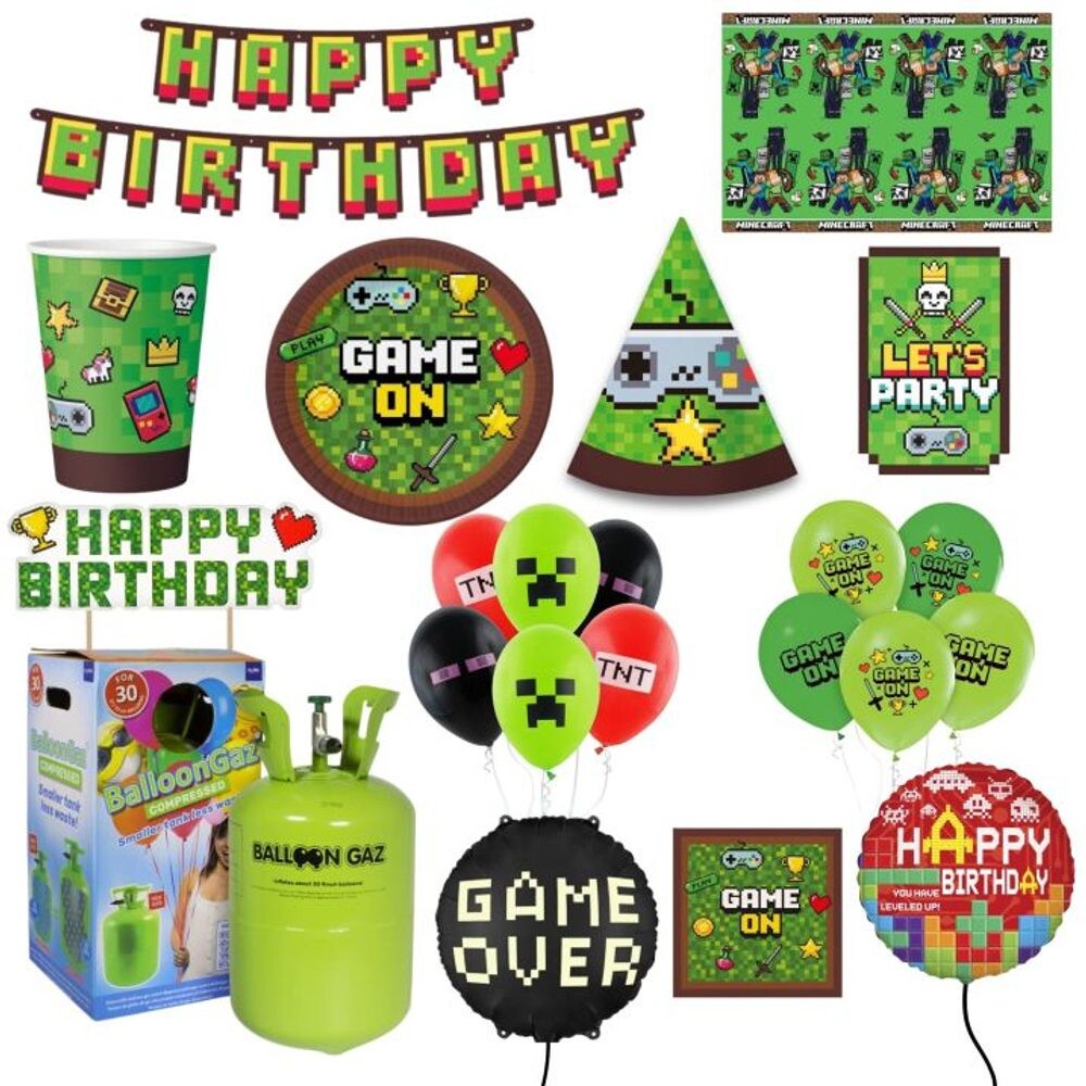 Dětská narozeninová sada Minecraft - Pixel s balónky a heliem - 10 osob - VYPRODEJ