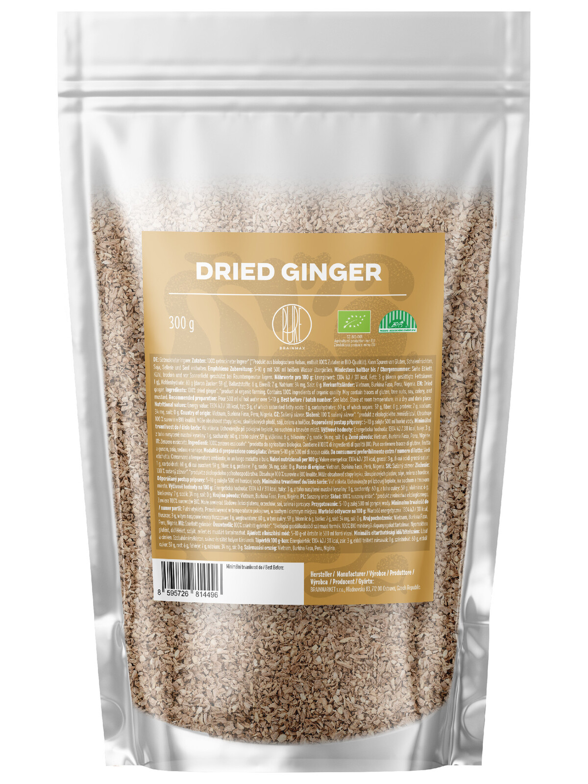 BrainMax Pure Dried Ginger, Sušený zázvor, BIO, 300 g