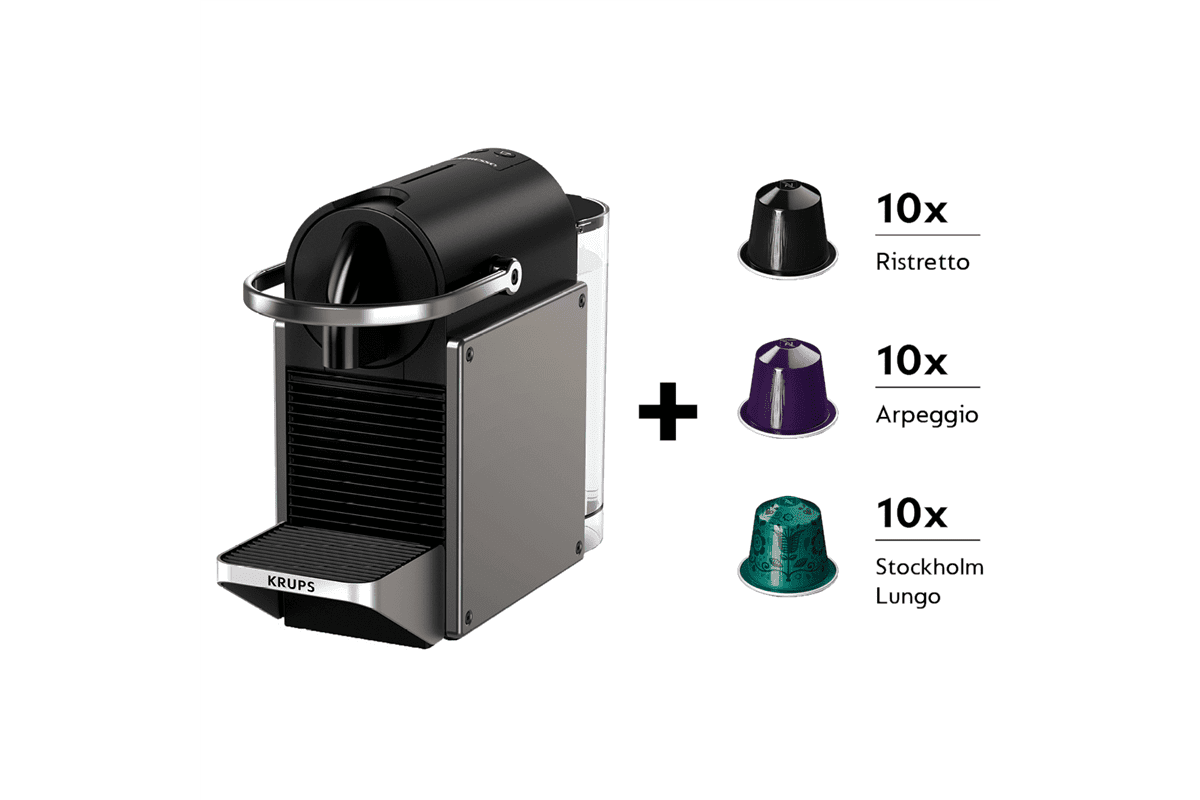 Kapslový kávovar KRUPS Nespresso Pixie Redesign + dárek 30 kapslí XN306T10P Titanový/Černý