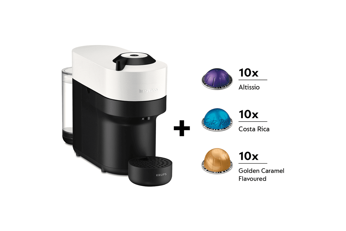 Kapslový kávovar KRUPS Nespresso Vertuo Pop + dárek 30 kapslí XN920110P Kokosově bílý/Černý