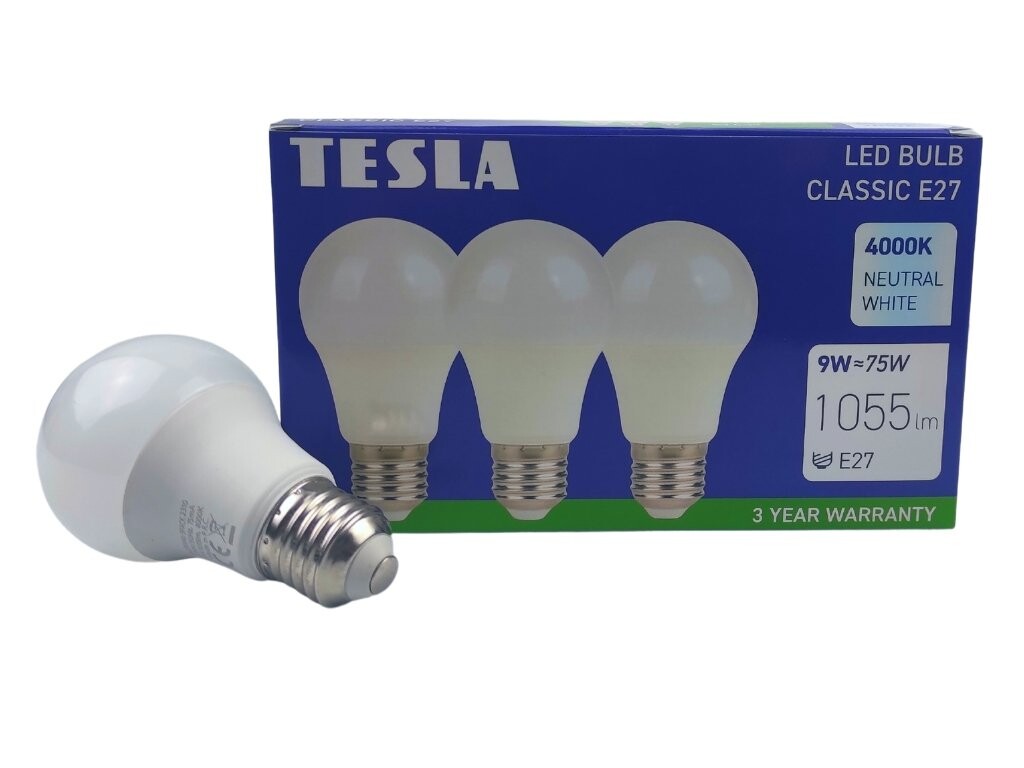 TESLA BL270940–3PACK - LED bulb žárovky E27, 9W, 1055 lm, 4000K, denní bílá, 3 ks v balení