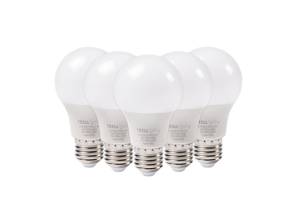 TESLA BL270840–5PACK - LED bulb žárovky E27, 8W, 806 lm, 4000K, denní bílá, 5 ks v balení