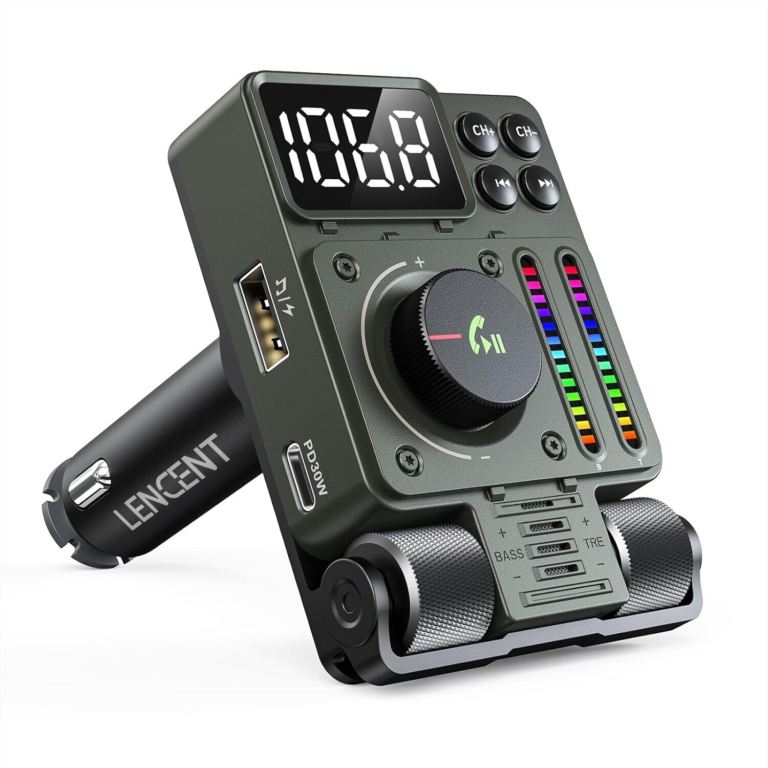 Lencent 5.3 Bluetooth Fm vysílač Nabíječka 30W Usb-c Auto Led HiFi