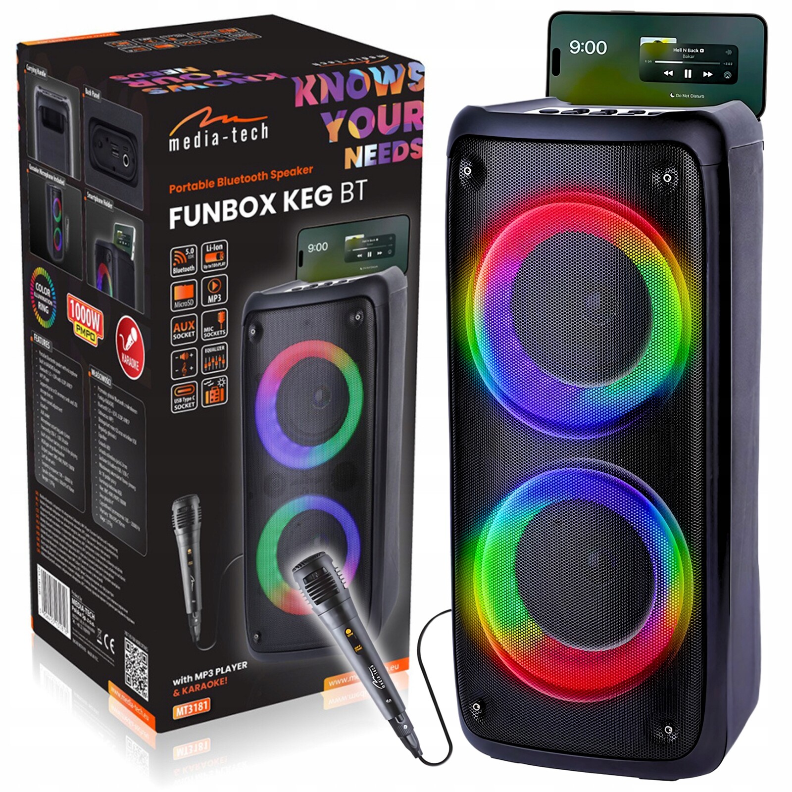 Přenosný Karaoke Reproduktor Media-tech Aux 1000 W Boombox Mikrofon Součástí Balení