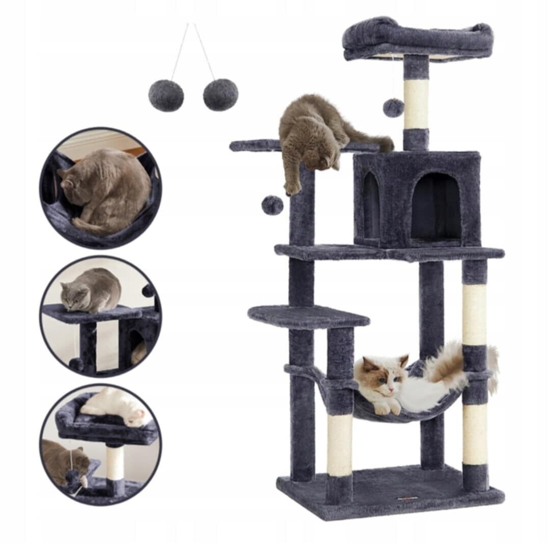 Škrabadlo Pro Kočky XL 143 CM Feandrea ŠEDÉ|6 Úrovní|houpací Síť| Jeskyně| Domeček