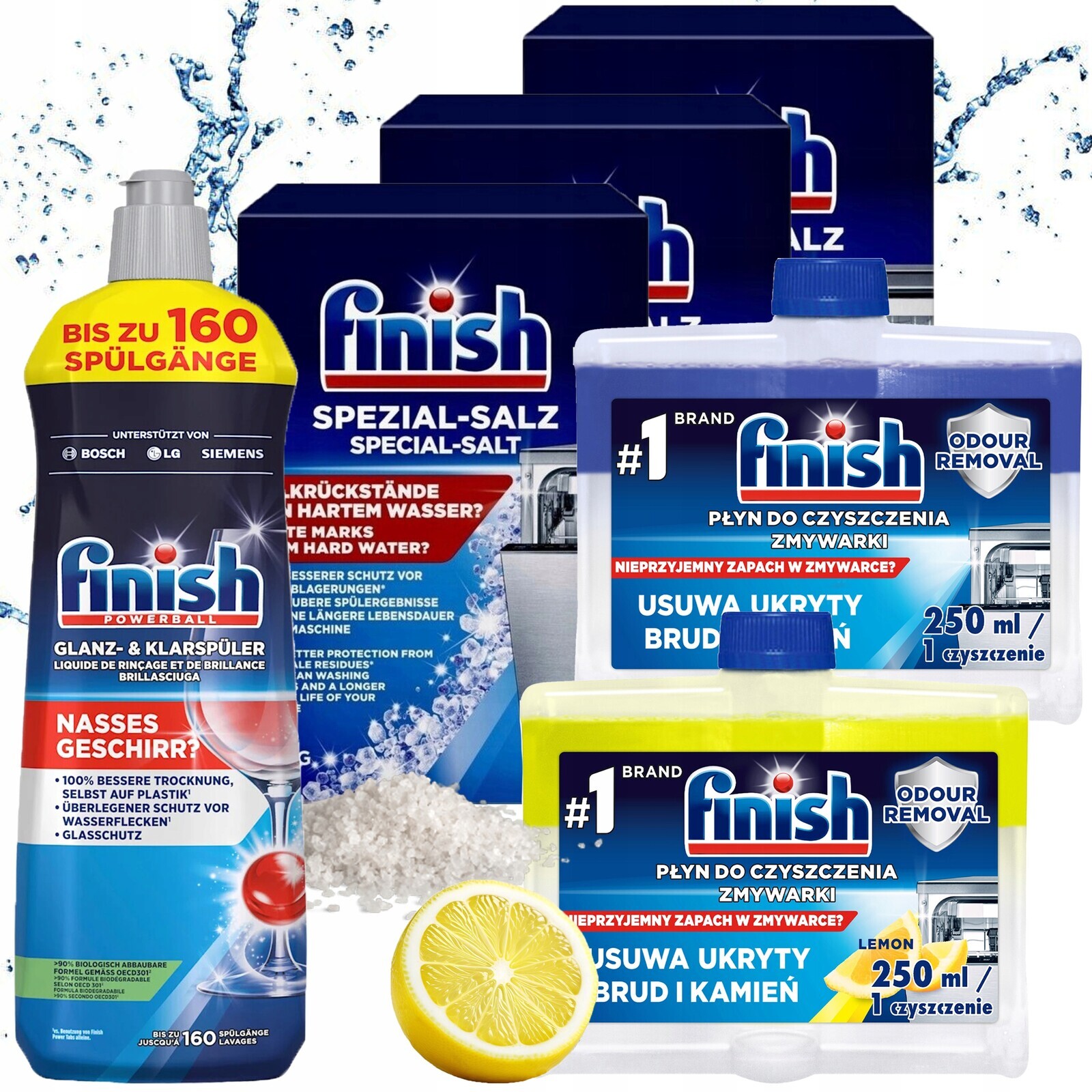 Sada Finish pro myčku nádobí 3x Sůl 1,2 kg Leštidlo 800 ml Čisticí prostředky